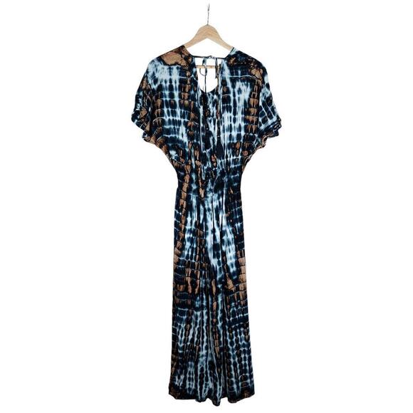 Tiare Womens Maxi Dress Blue Brown Tie Dye  ightweight Cinched Waist Beachy - Picture 6 of 15